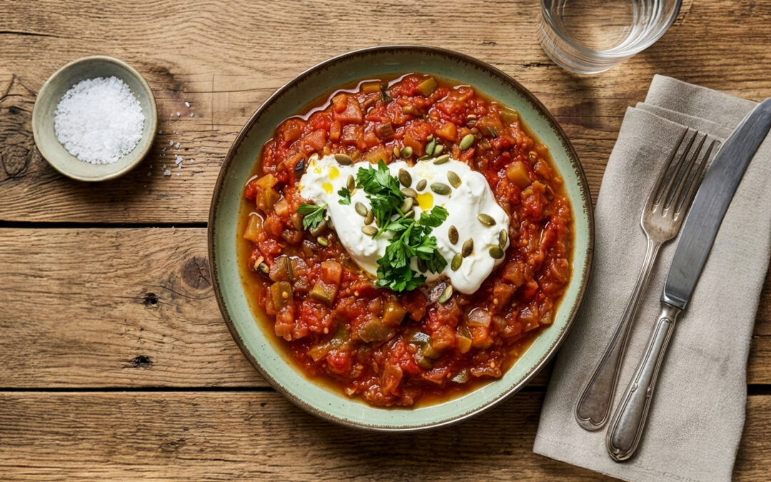 Burrata con pisto y pipas de calabaza ALSUR